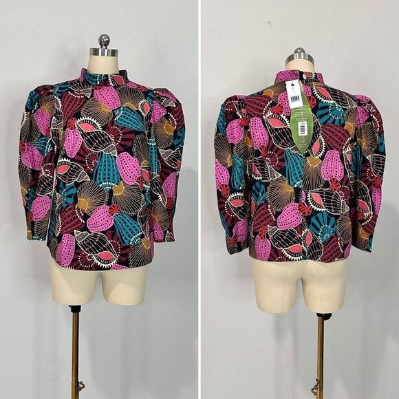 NWT Farm Rio Mock Neck Shell Print Blouse Sz M Boho Coastal Beachy Tribal Batik - Picture 1 of 13